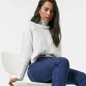 TOPSHOP NWT Mock Neck Cropped Sweater Marl Grey Size 14 Lightweight Soft Cozy